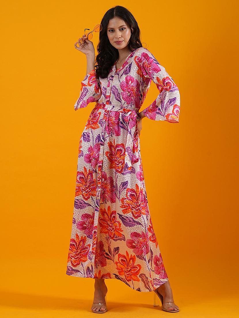 globus women multi white bell sleeves floral print front slit a-line maxi dress with belt - 21305246 -  Standard Image - 1