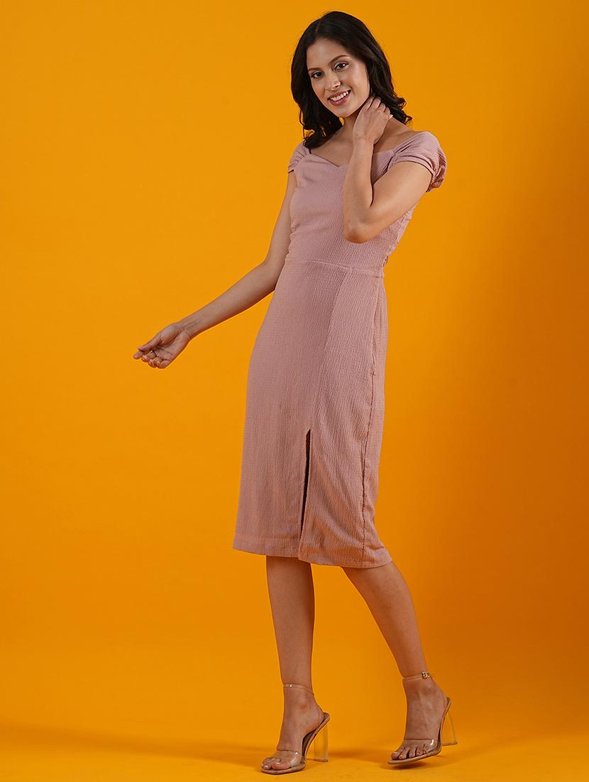globus women dusty pink sweetheart neck cap sleeves front slit smocked back midi sheath party dress - 21305247 - Standard Image - 1