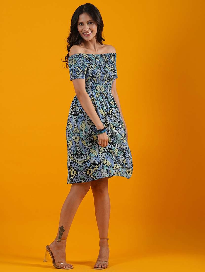 globus women multi black off shoulder animal print smocked fit & flare dress - 21305248 -  Standard Image - 1