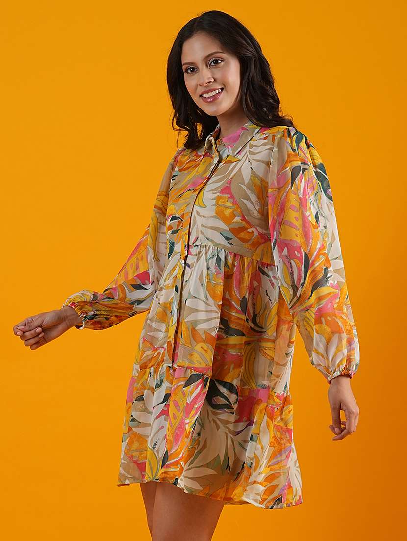 globus women multi shirt collar tropical print gathered & tiered a-line dress - 21305249 -  Standard Image - 1