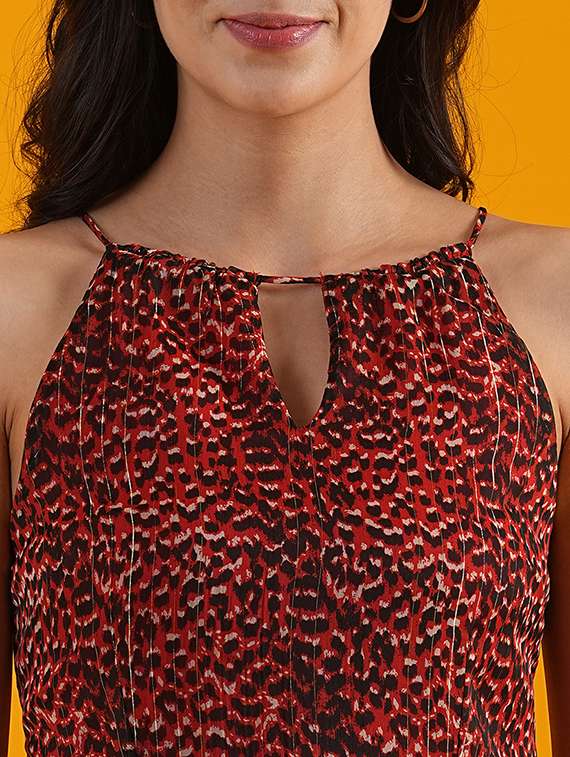 globus women rust halter with keyhole neck allover printed pleated fit & flare dress - 21305250 -  Standard Image - 4