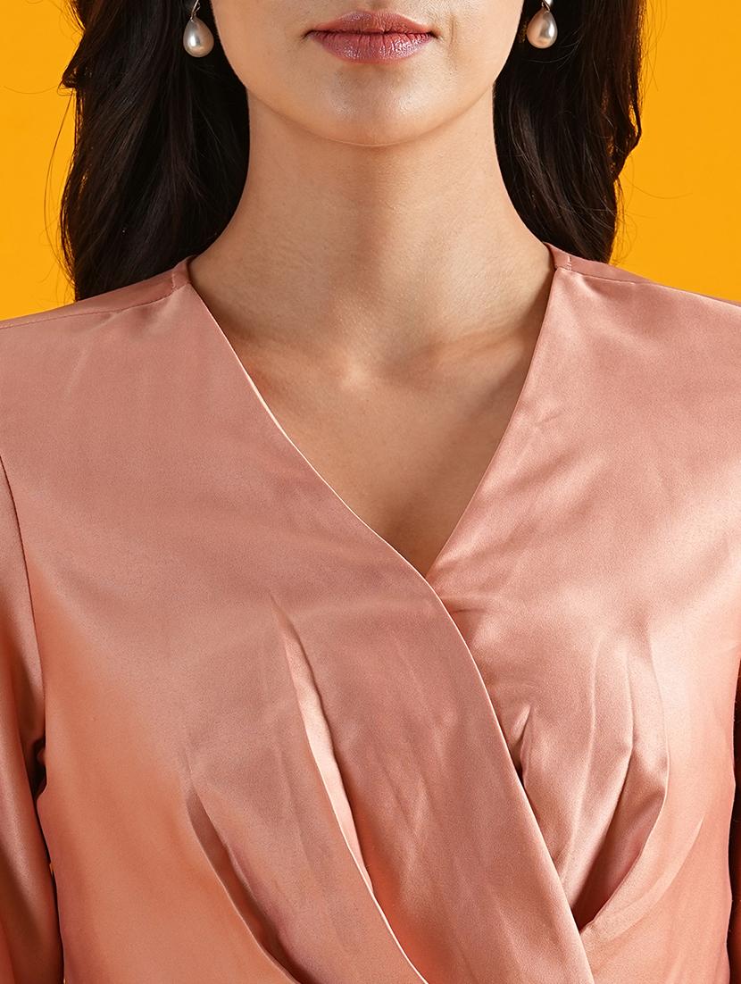 globus women pink v-neck long cuffed sleeves pleated satin workwear wrap top - 21305253 - Standard Image - 4