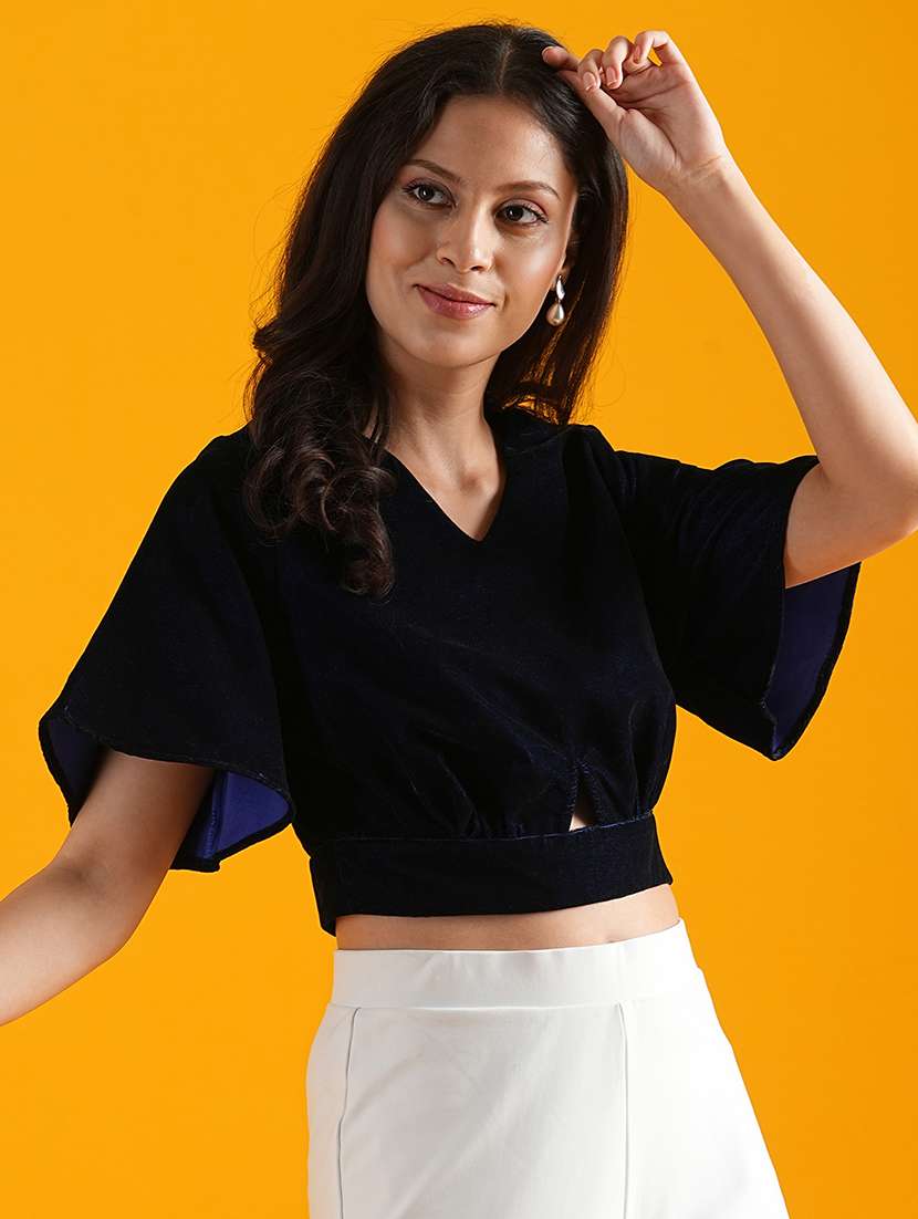 globus women navy blue v-neck flared sleeves cut out detail velvet party crop top - 21305255 -  Standard Image - 1