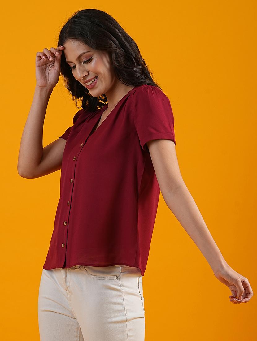 globus women red v-neck short puff sleeves workwear shirt style top - 21305257 - Standard Image - 1