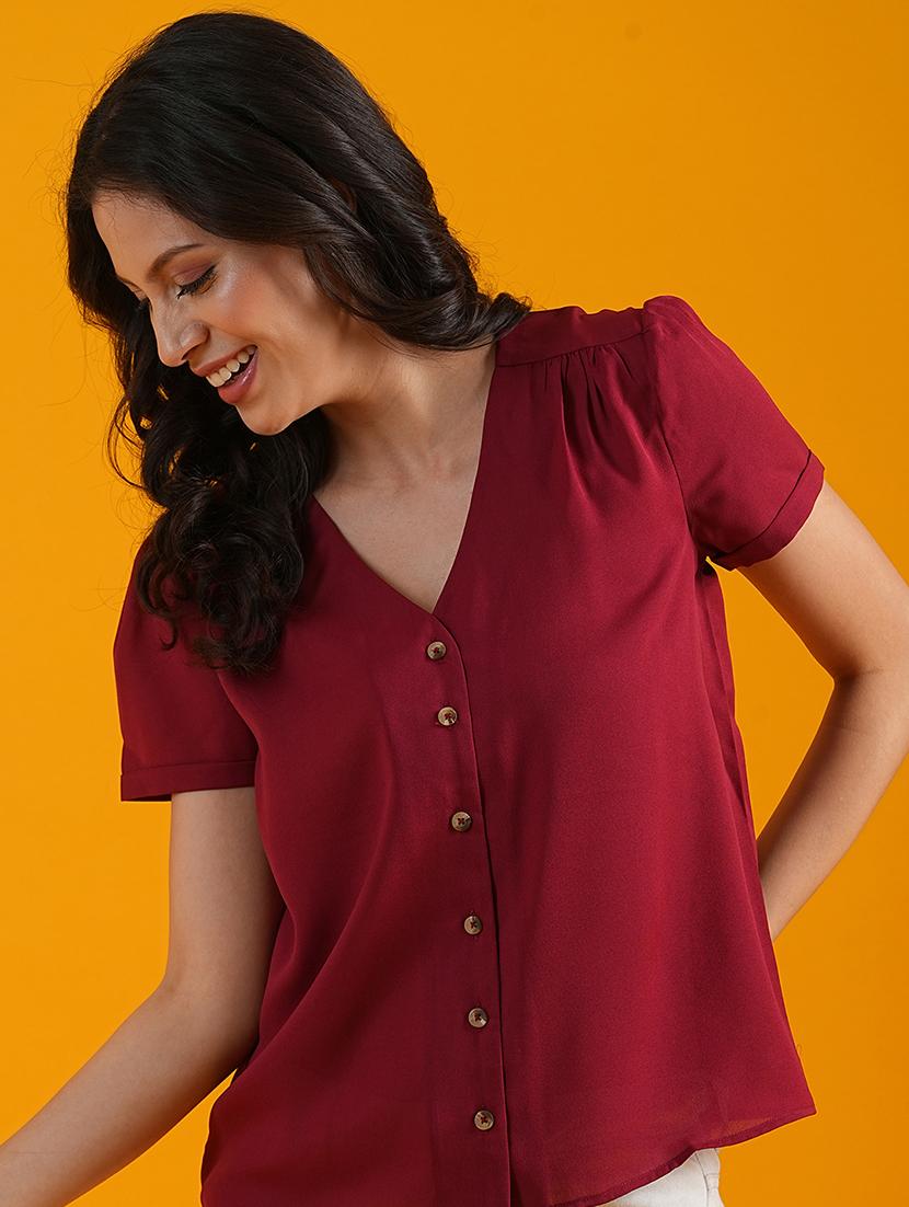 globus women red v-neck short puff sleeves workwear shirt style top - 21305257 - Standard Image - 4