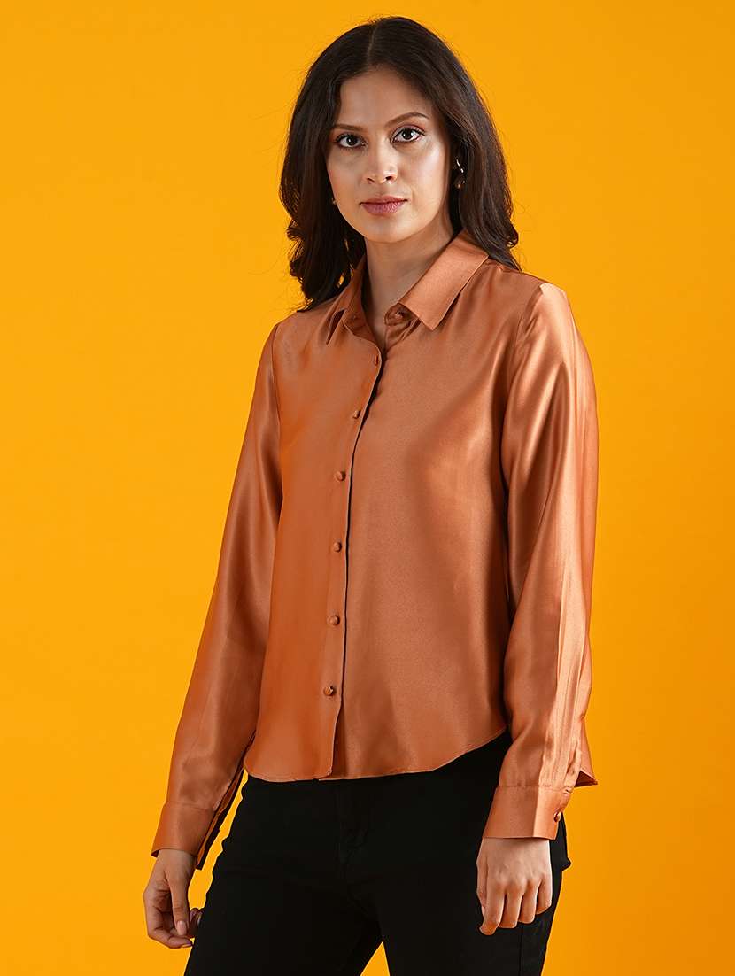 globus women peach spread collar cuffed sleeves curved hem shirt style workwear top - 21305264 -  Standard Image - 1