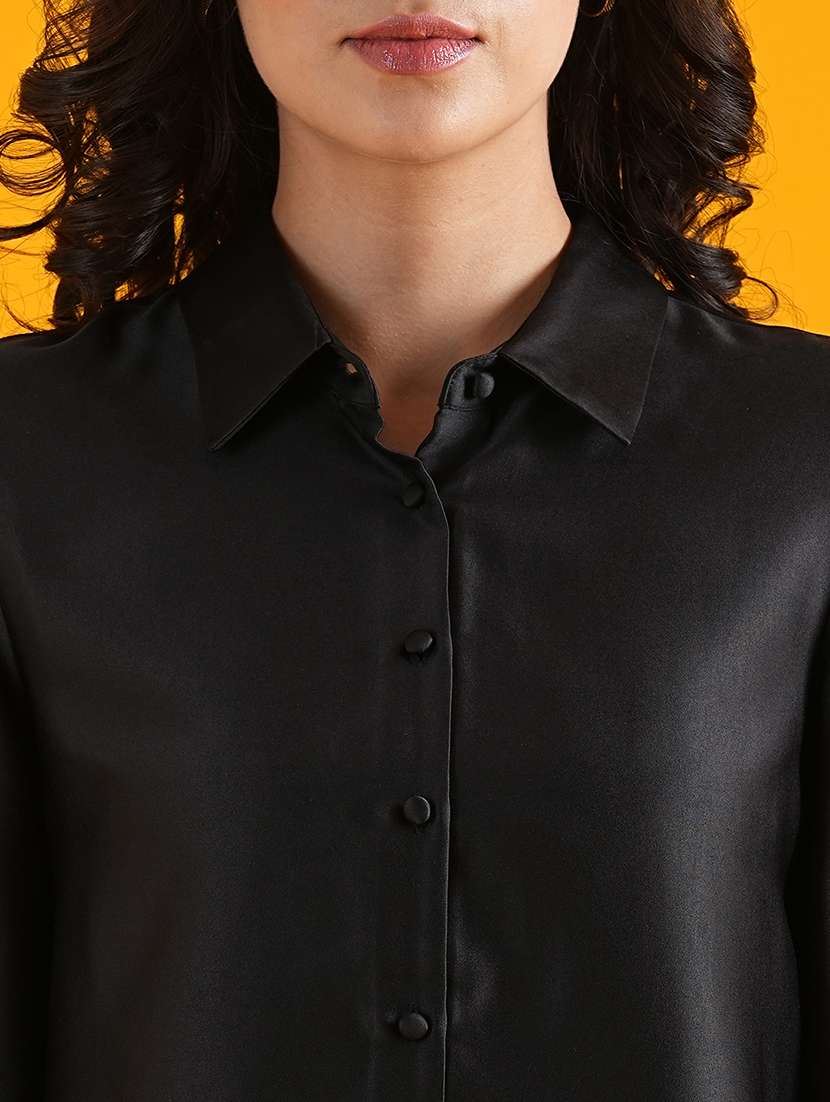 globus women black spread collar cuffed sleeves curved hem shirt style workwear top - 21305265 -  Standard Image - 4
