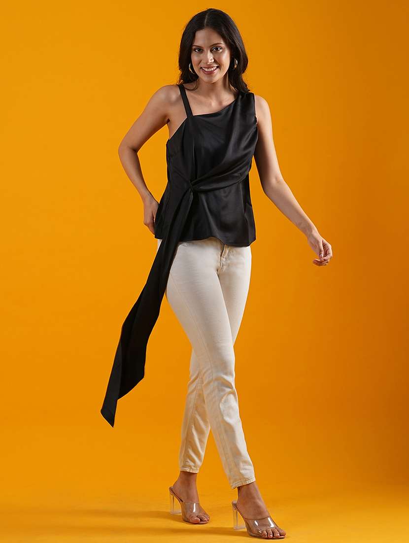globus women black one shoulder tie-up detail satin party top - 21305266 -  Zoom Image - 0