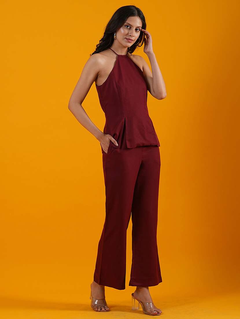globus women maroon halter neck front slits moss crepe top with trousers co-ord set - 21305277 -  Standard Image - 1