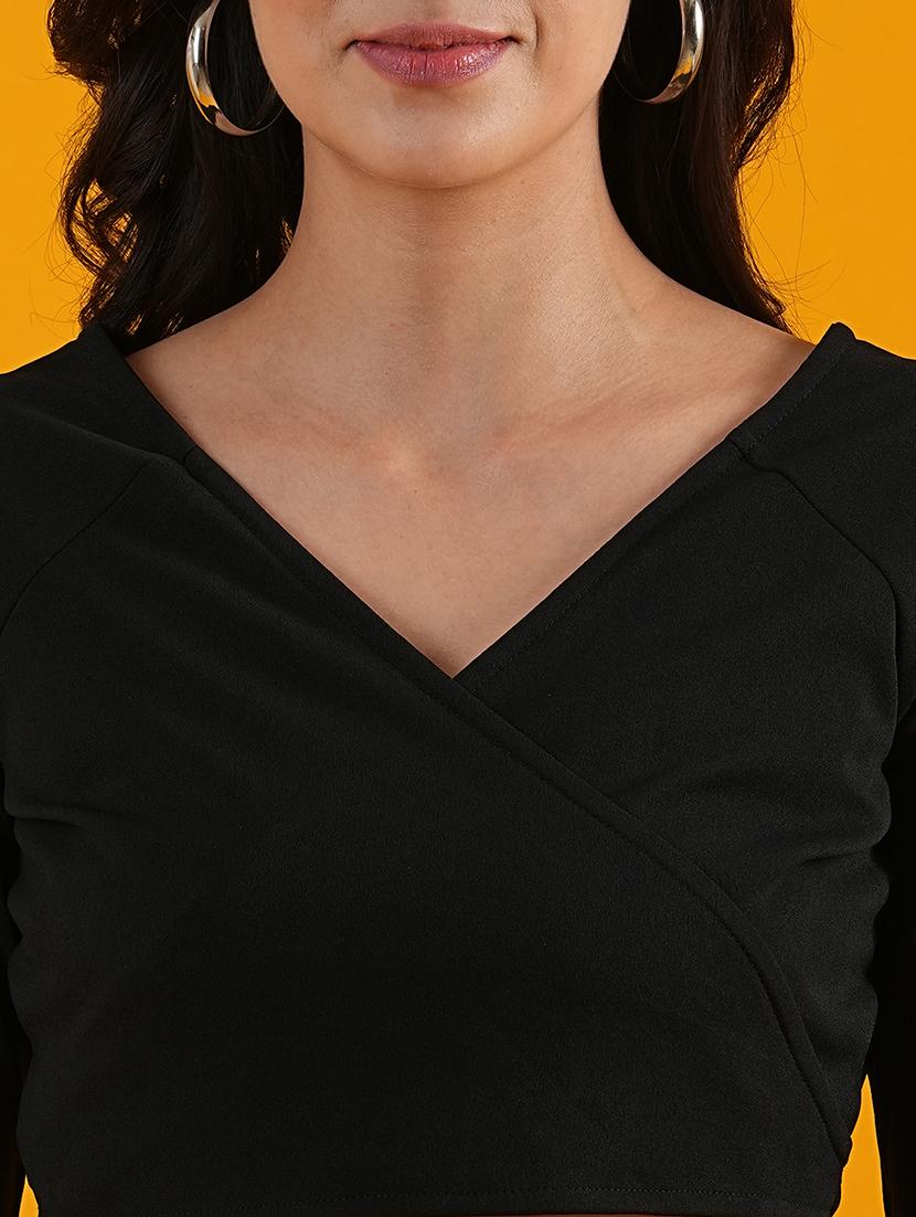 globus women black wrap neck tie-up crop top with side slit skirt party co-ord set - 21305279 - Standard Image - 4
