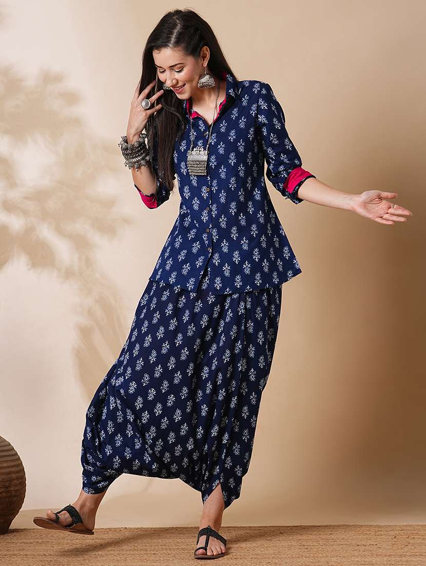 globus women blue allover paisley printed shirt style tunic & harem pants fusion co-ord set - 21305283 -  Standard Image - 1