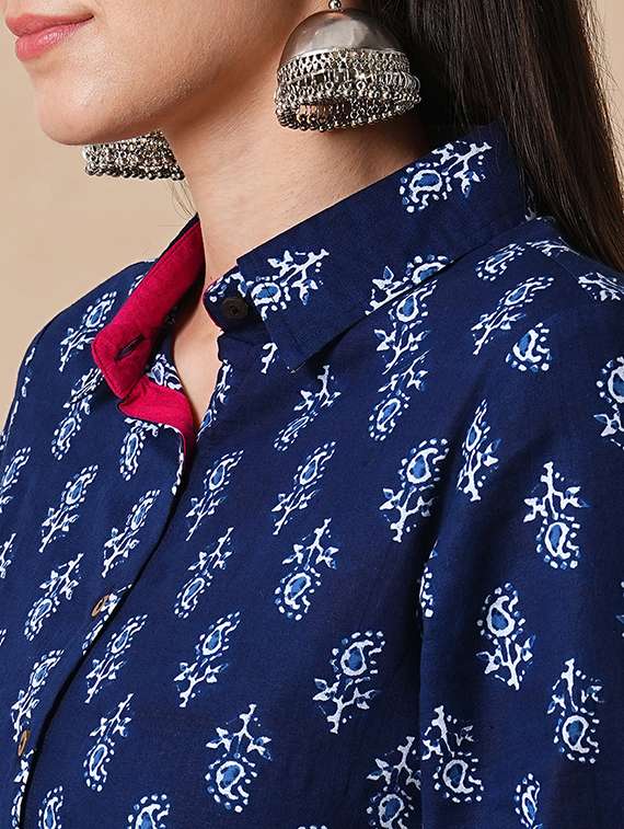 globus women blue allover paisley printed shirt style tunic & harem pants fusion co-ord set - 21305283 - Standard Image - 4