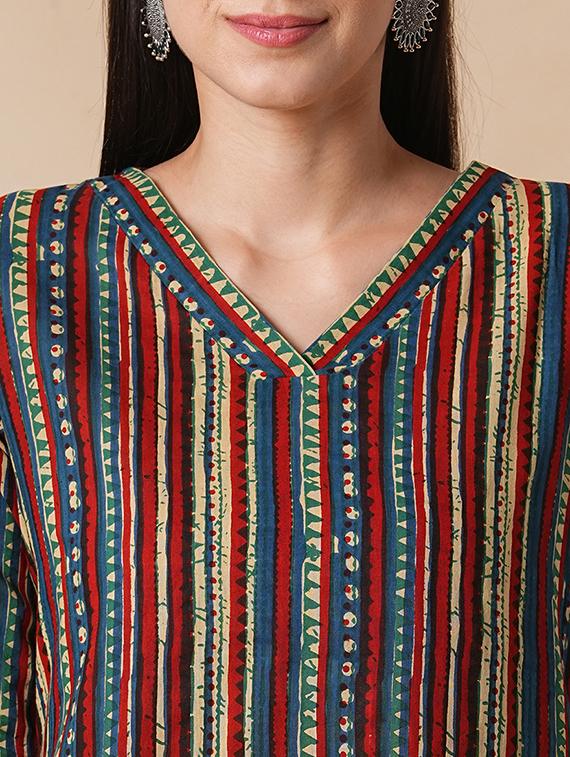 globus women maroon allover geometric stripe printed straight workwear kurta with palazzos set - 21305284 - Standard Image - 4