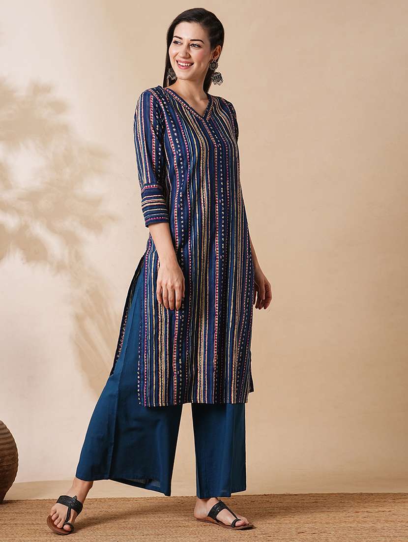 globus women blue allover geometric stripe printed straight workwear kurta with palazzos set - 21305285 -  Standard Image - 1