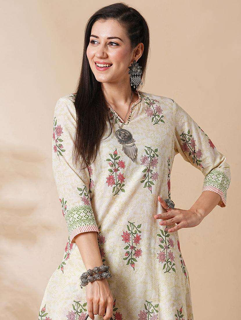 globus women off-white allover floral print straight workwear kurta & palazzos set - 21305289 -  Standard Image - 1
