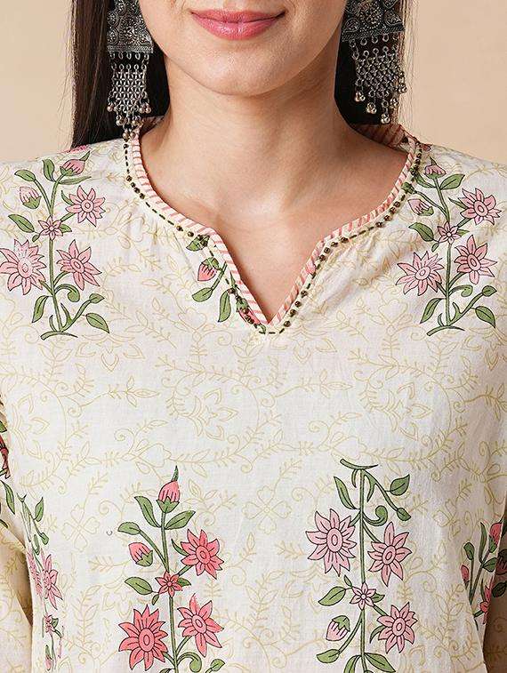 globus women off-white allover floral print straight workwear kurta & palazzos set - 21305289 -  Standard Image - 4