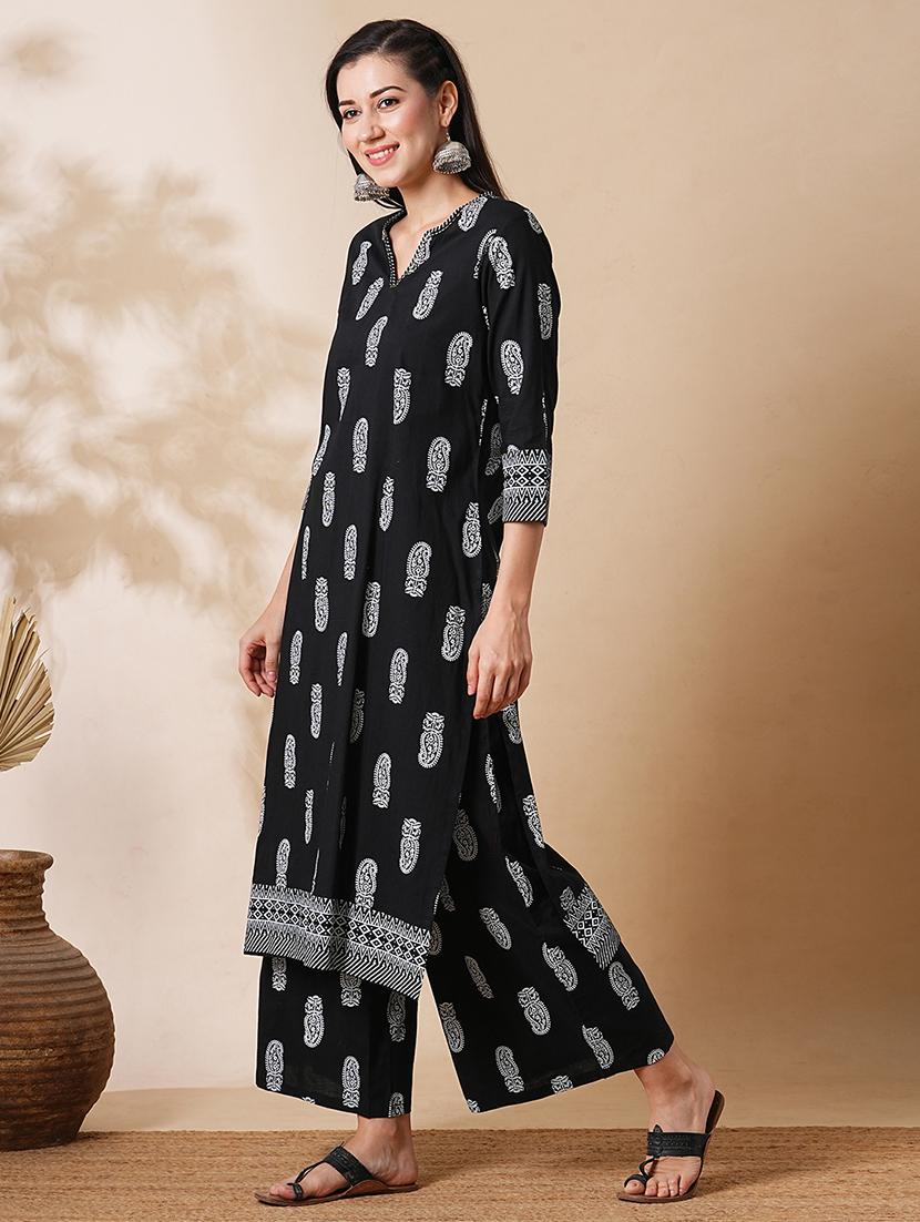 globus women black allover paisley printed straight workwear kurta & palazzos set - 21305290 - Standard Image - 1