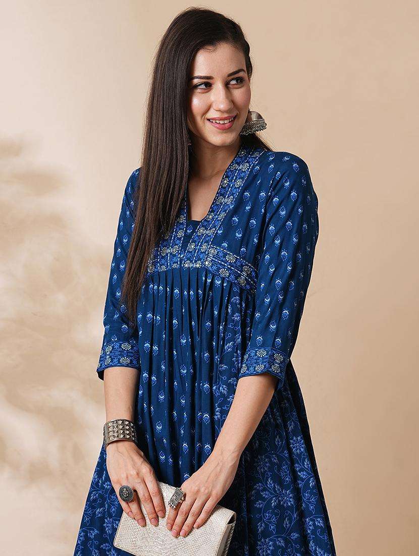 globus women blue allover floral printed pleated & panelled a-line nyra cut workwear kurta with straight pants - 21305291 -  Standard Image - 1