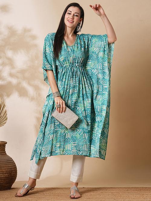 globus women green allover printed & sequinned v-neck tie-up kaftan kurta - 21305298 -  Standard Image - 0