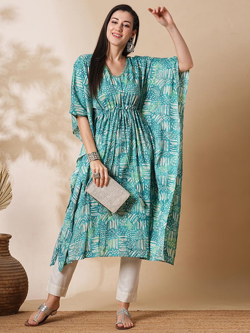 globus women green allover printed & sequinned v-neck tie-up kaftan kurta - 21305298 -  Zoom Image - 0