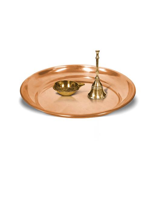 adhvik combo of small size kuber pedi diya and puja bell with 6 inch copper pooja thali set for home and office - 21305471 - Standard Image - 0