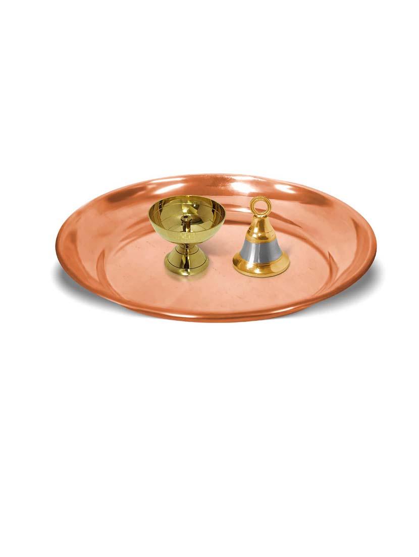adhvik combo of small size paro pyali diya and hanging bell with 6 inch copper pooja thali set for home and office - 21305473 - Zoom Image - 0