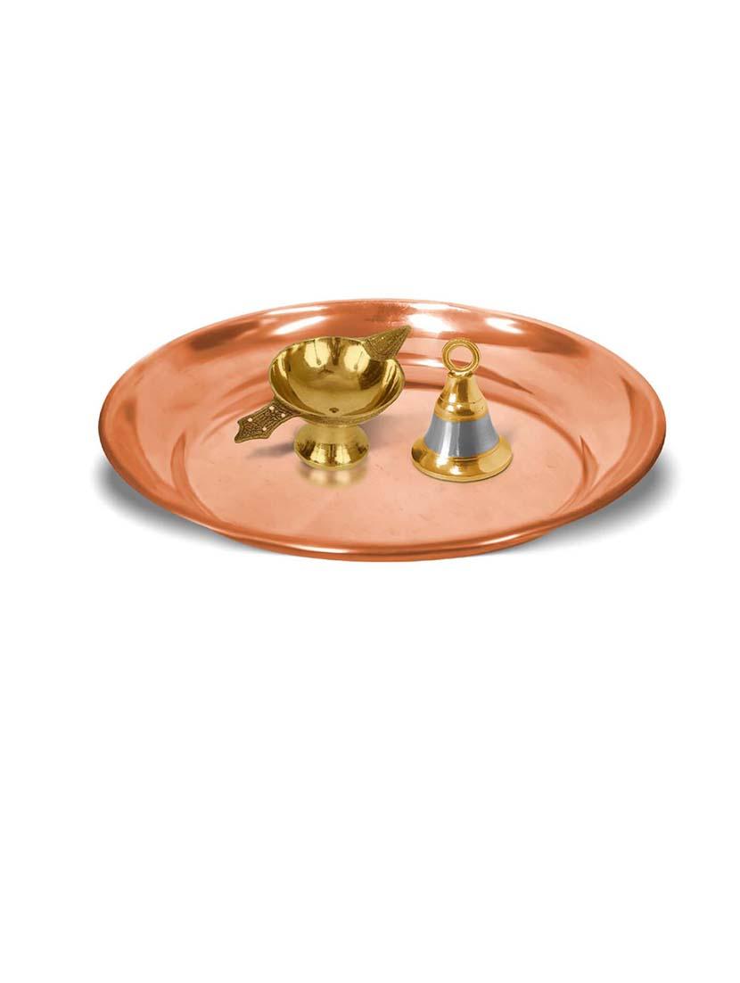 adhvik combo of small size laxmi diya and hanging bell with 6 inch copper pooja thali set for home and office