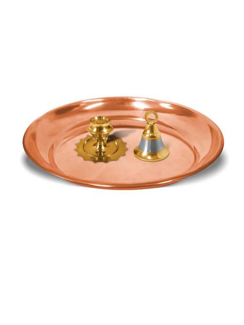 adhvik combo of small size incense holder and hanging bell with 6 inch copper pooja thali set for home and office - 21305475 - Standard Image - 0