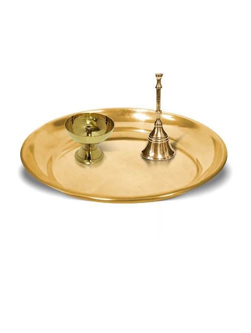 adhvik combo of small size paro pyali diya and puja bell with 6 inch brass pooja thali set for home and office - 21305476 - Standard Image - 0