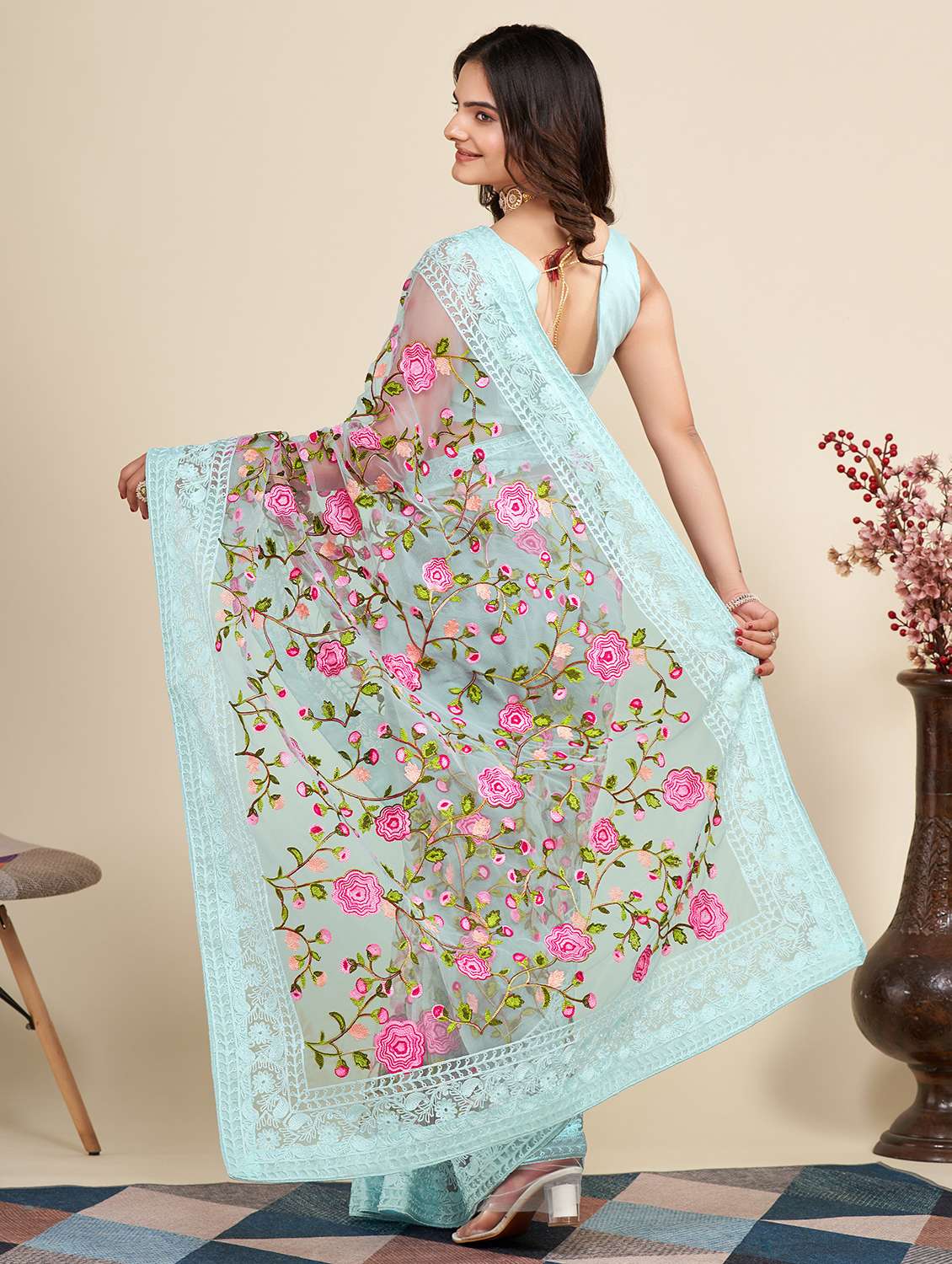 women llight blue embroidered saree with blouse - 21305507 -  Standard Image - 1