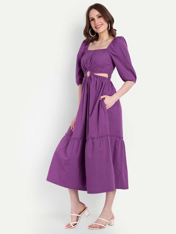 Purple Cotton Blend A Line Dress