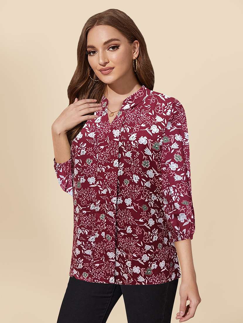 women maroon cotton blend regular top - 21306361 -  Standard Image - 1