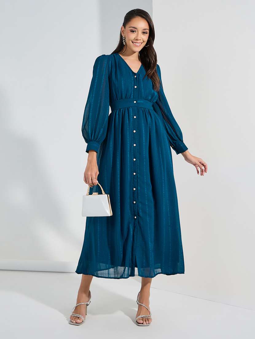 women solid puff sleeves button down a-line dress - 21307636 - Zoom Image - 0
