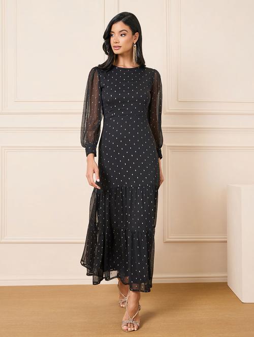 women black self designed puff sleeve tiered maxi dress - 21307648 - Standard Image - 0