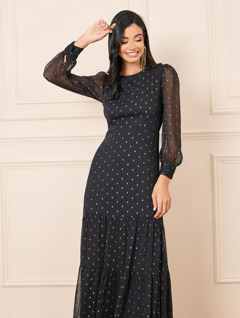 women black self designed puff sleeve tiered maxi dress - 21307648 - Standard Image - 1