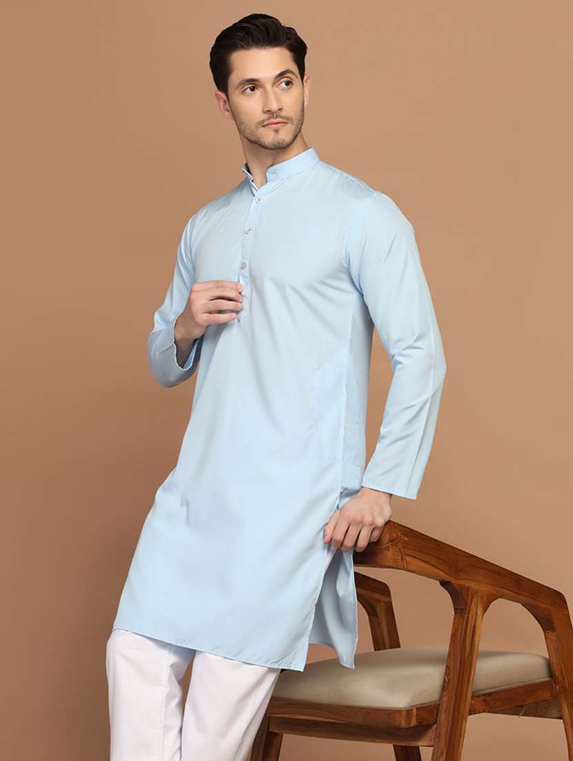 light blue solid cotton kurta - 21307955 -  Standard Image - 1