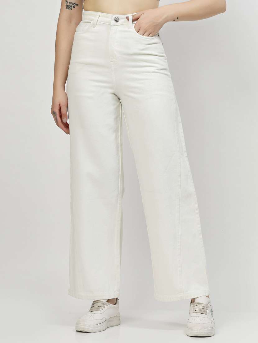 women solid high rise wide leg jean