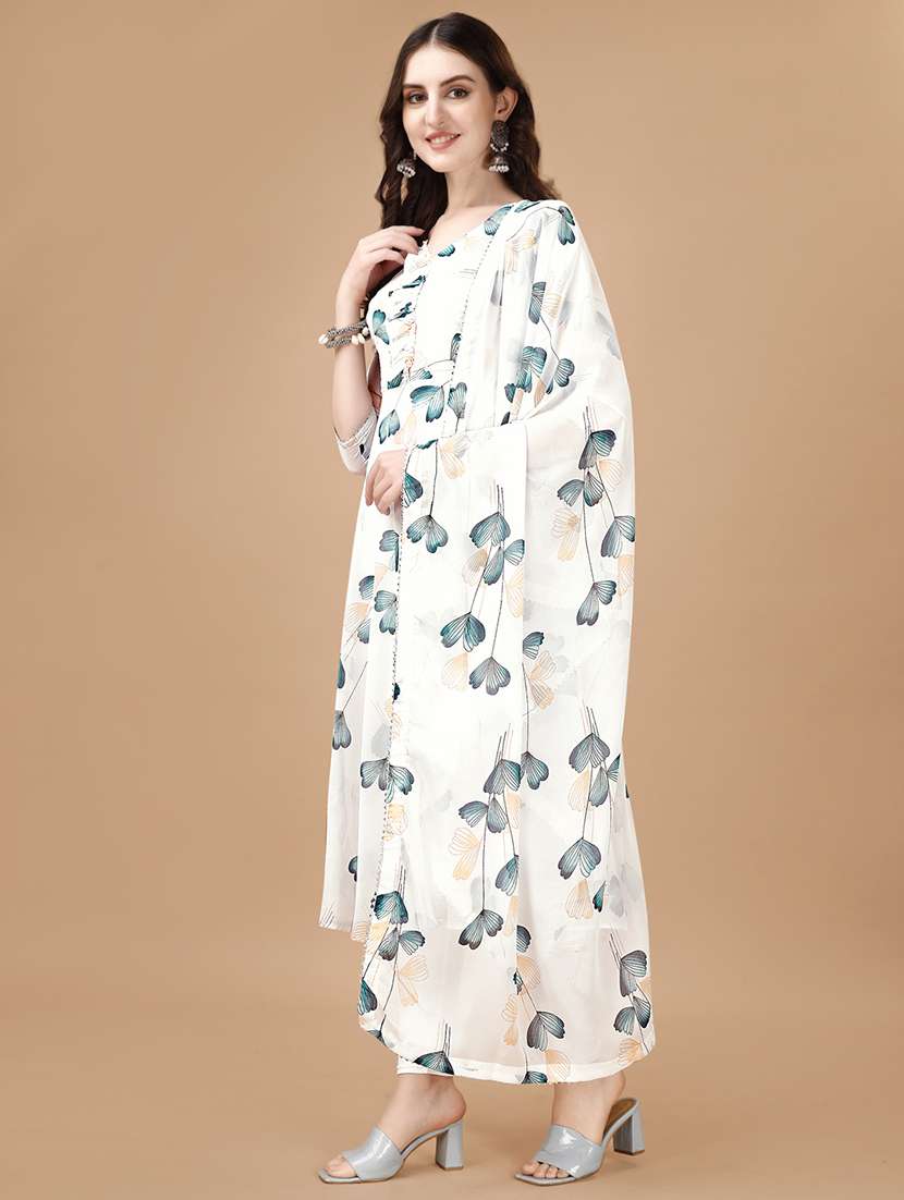 women white v neck kurta dupatta set - 21308110 -  Standard Image - 1