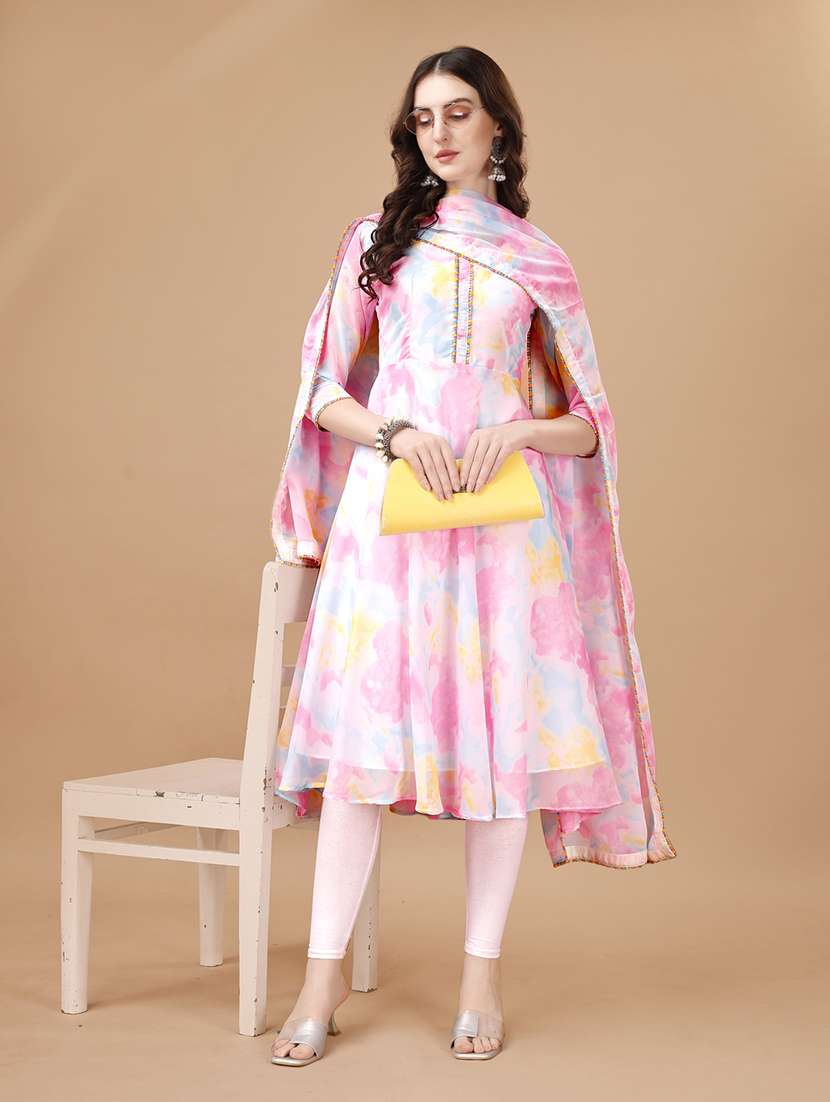 women multi color round neck kurta dupatta set
