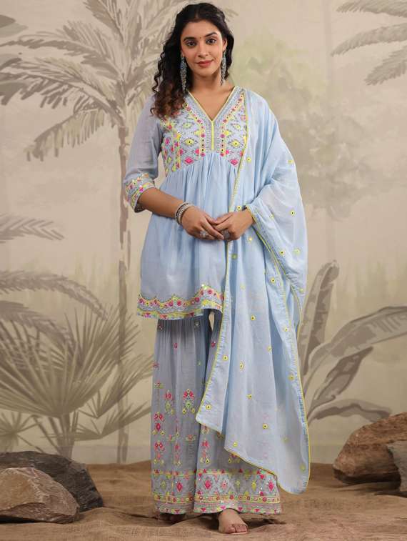 women light blue kurta sharara set with dupatta