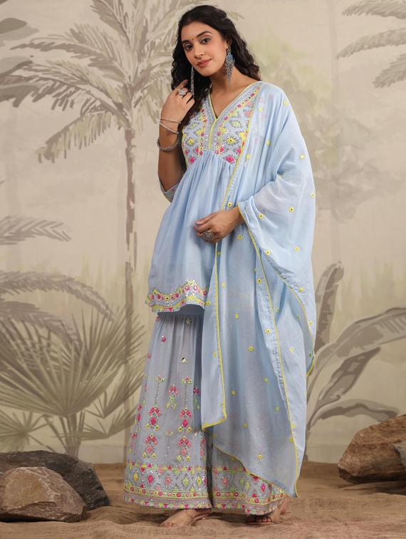 women light blue kurta sharara set with dupatta - 21308131 - Standard Image - 1