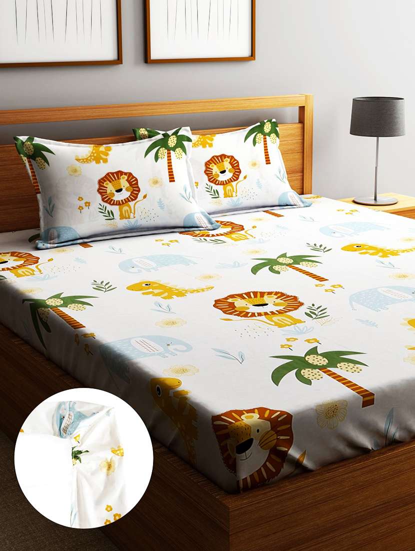 home sizzler 144tc kid's lion's haven elastic fitted double bedsheet (72x78 inch) with 2 king size pillow covers
