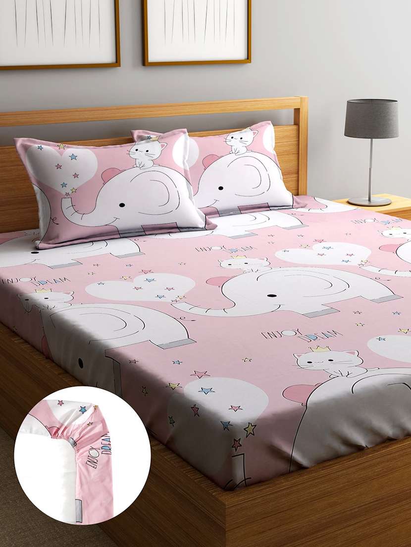 home sizzler 144tc kid's elephant & kitty elastic fitted double bedsheet (72x78 inch) with 2 king size pillow covers