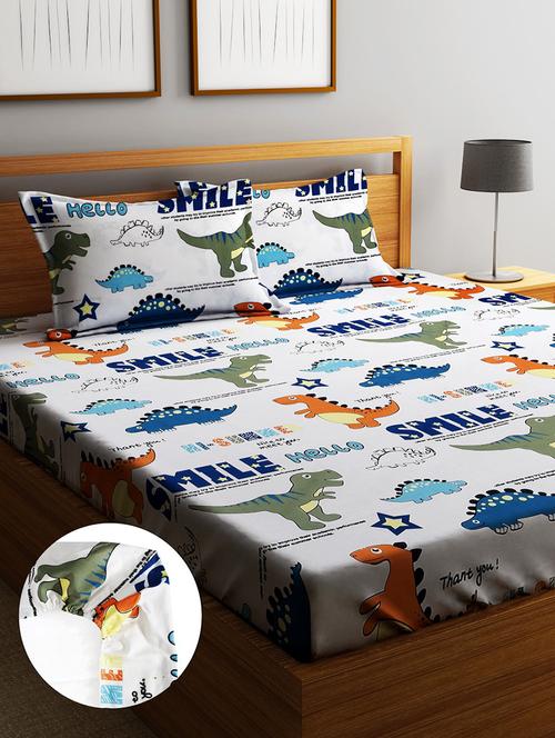 home sizzler 144tc kid's dinosours elastic fitted double bedsheet (72x78 inch) with 2 king size pillow covers - 21308275 - Standard Image - 0