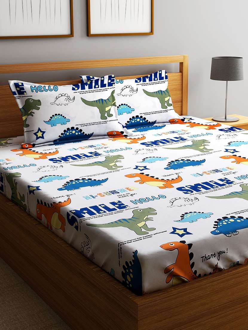home sizzler 144tc kid's dinosours double bedsheet with 2 king size pillow covers
