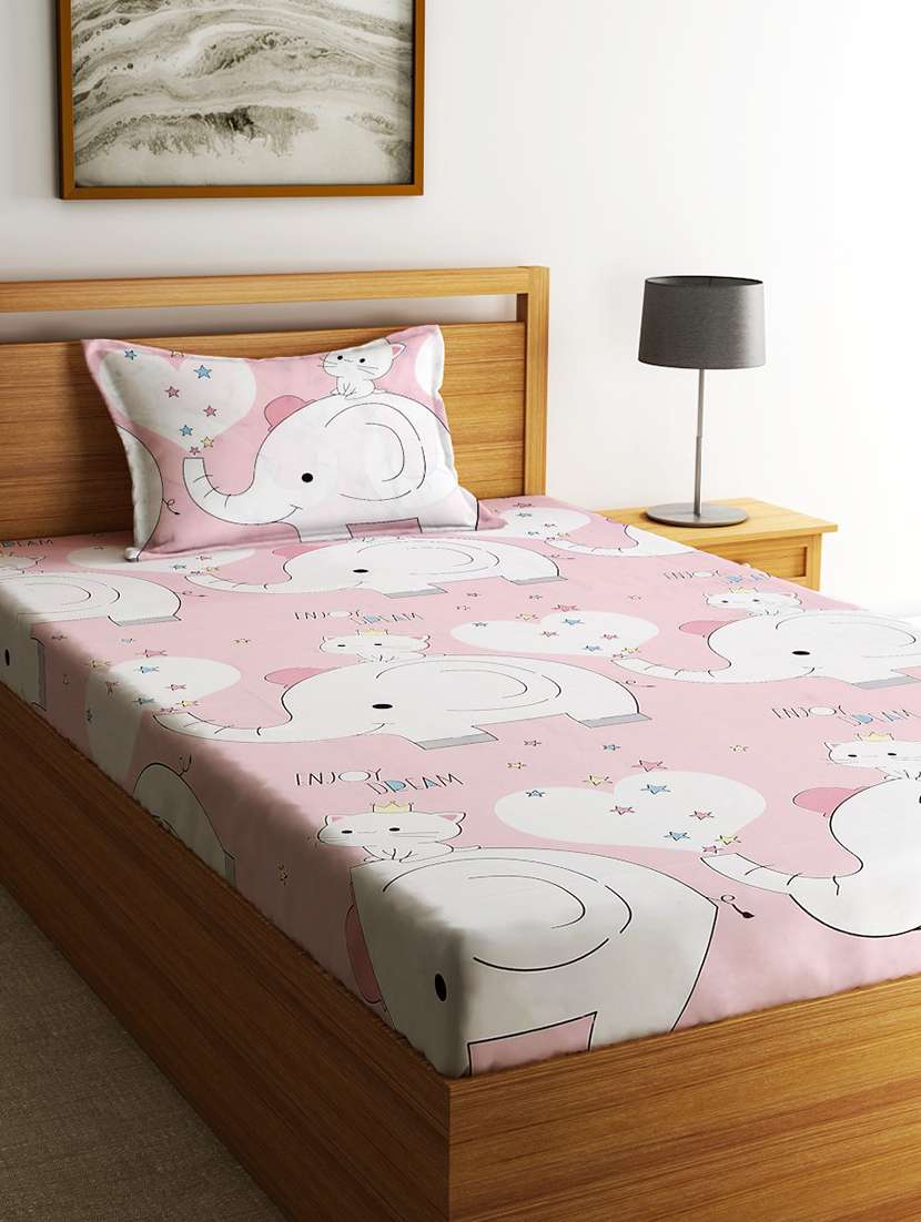 home sizzler 144tc kid's elephant & kitty single bedsheet with 1 pillow cover