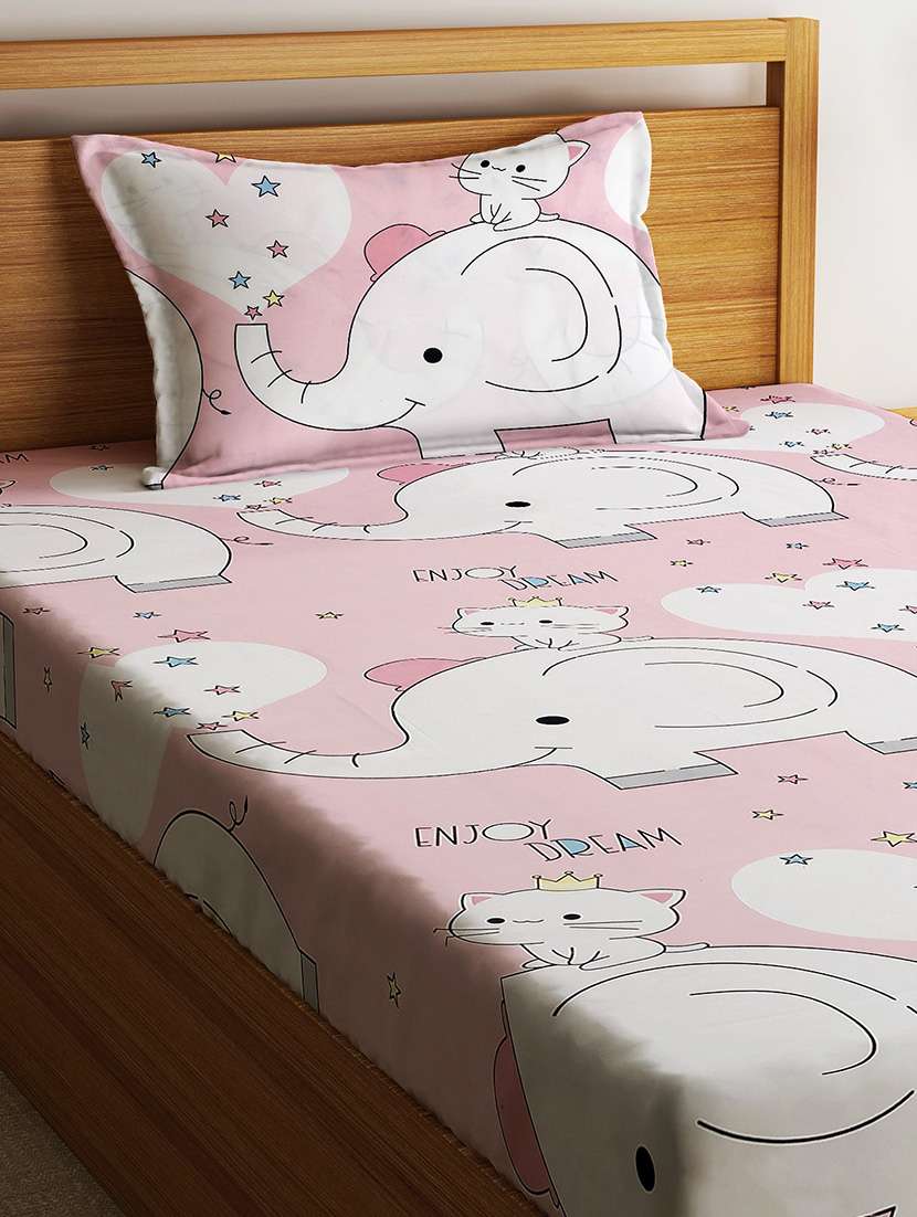 home sizzler 144tc kid's elephant & kitty single bedsheet with 1 pillow cover - 21308282 -  Standard Image - 1