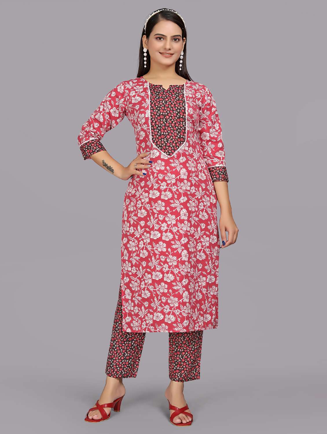women red kurta pant set - 21308370 -  Standard Image - 4
