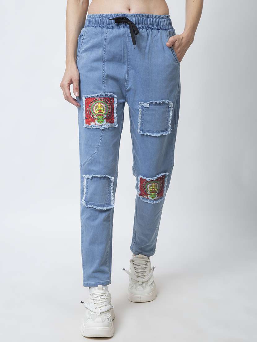 women patch worked mid rise jean