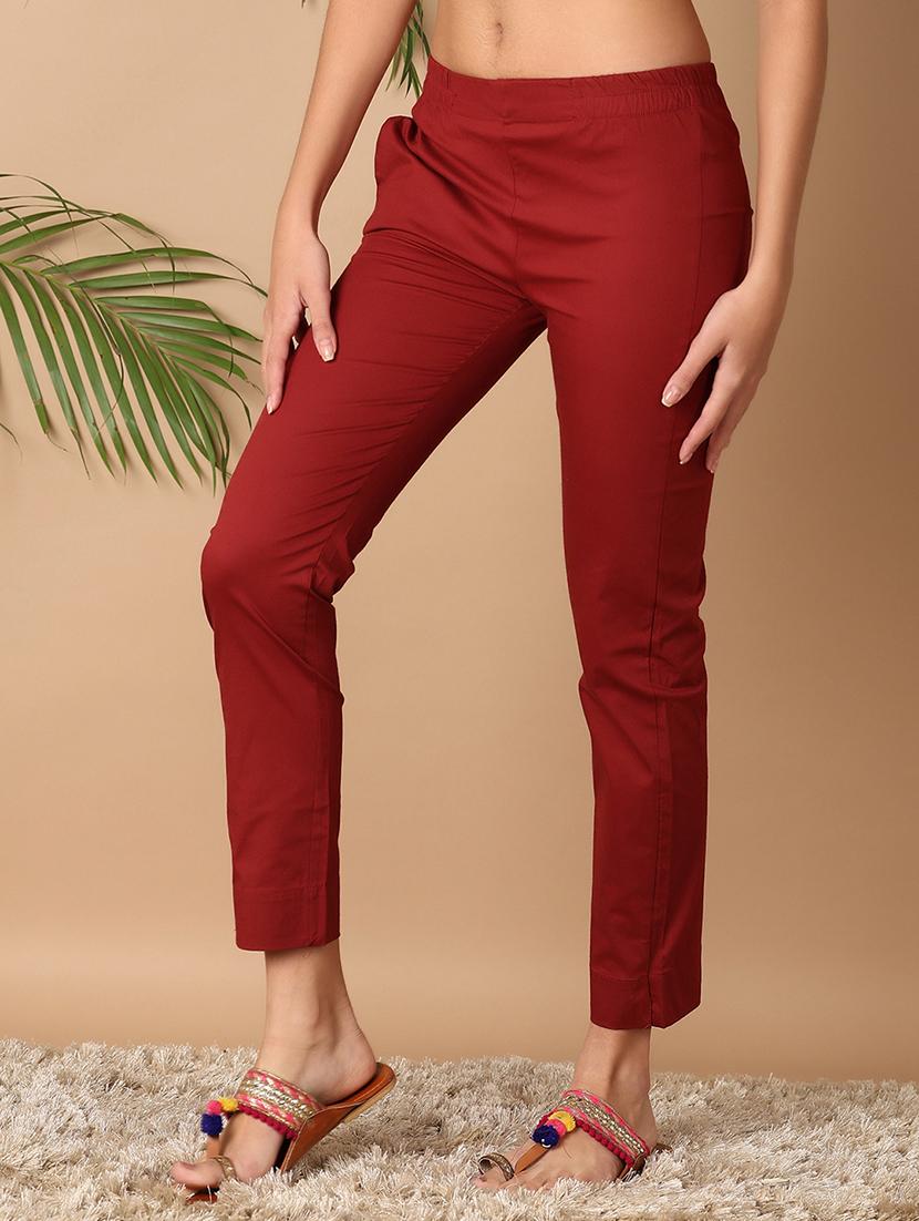 women maroon cotton tailored pants - 21308420 -  Standard Image - 1